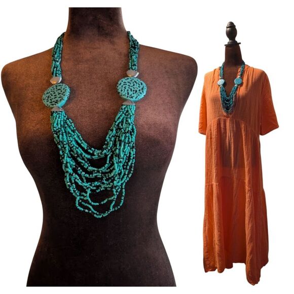 Boho Faux Turquoise Long Multi Strand Beaded Necklace With Circles - Picture 2 of 7